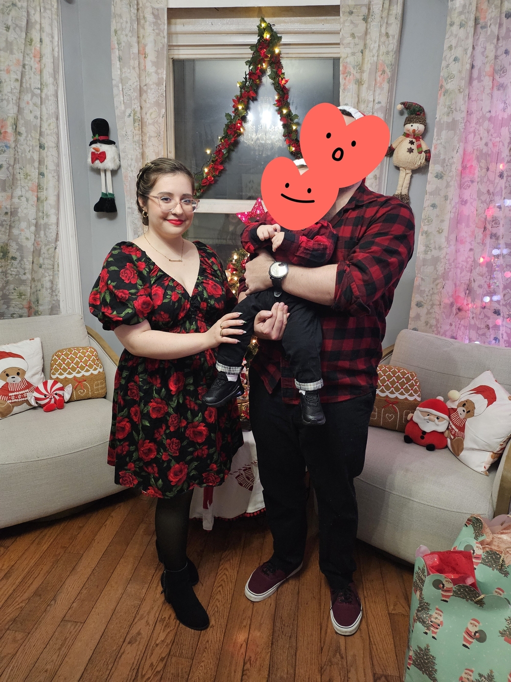Old Navy Black Dress with Red Rose Print and Puff Sleeves